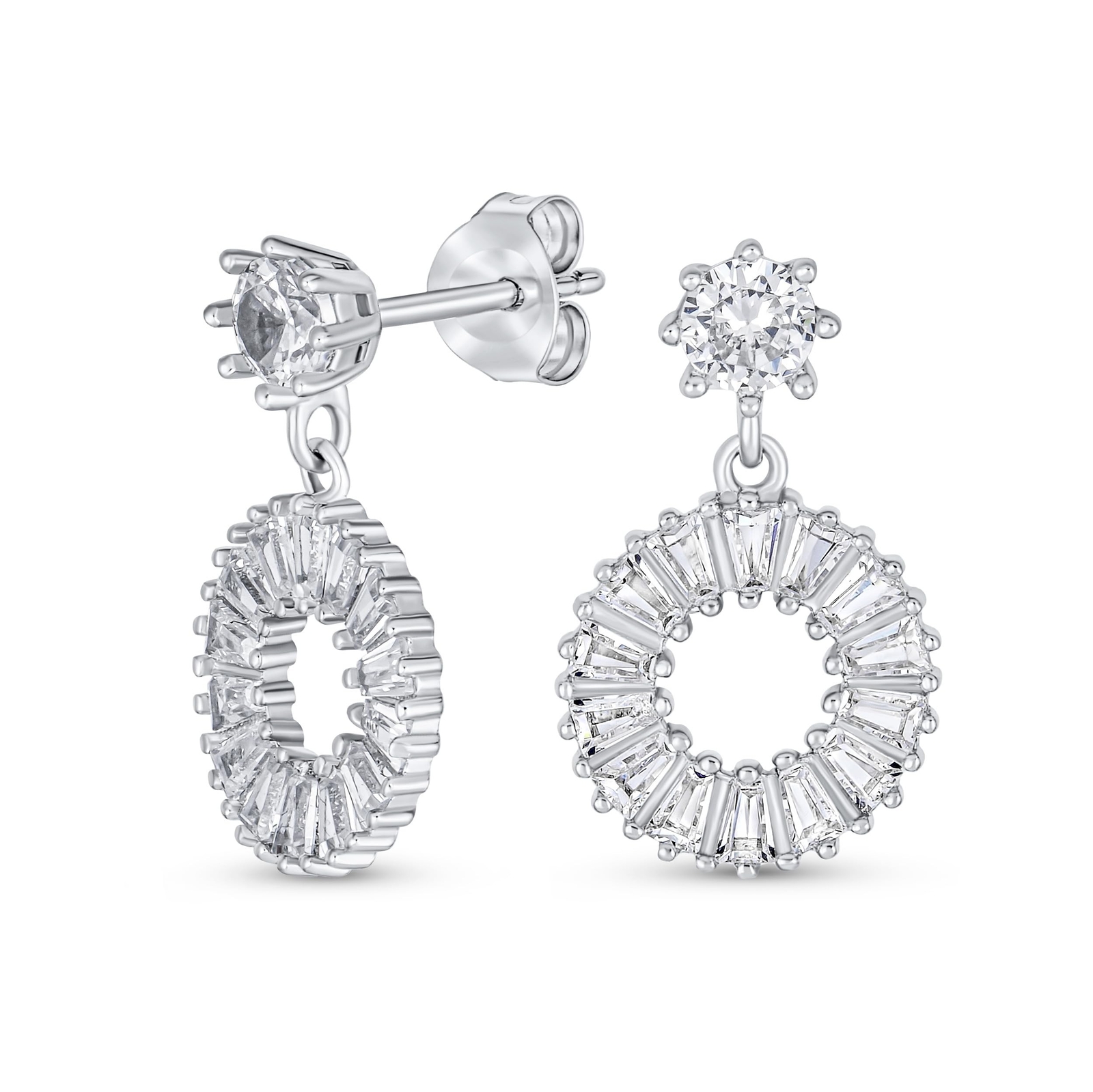 Elegant Geometric CZ Round Open Circle Dangle Drop Stud Earrings in Rose, Yel...