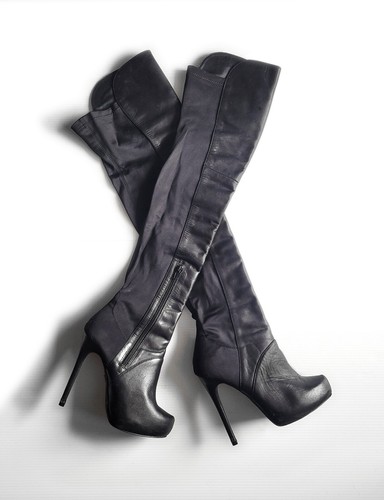 River Island Black Leather & Mesh Thigh High Boots Side Zip Size 38