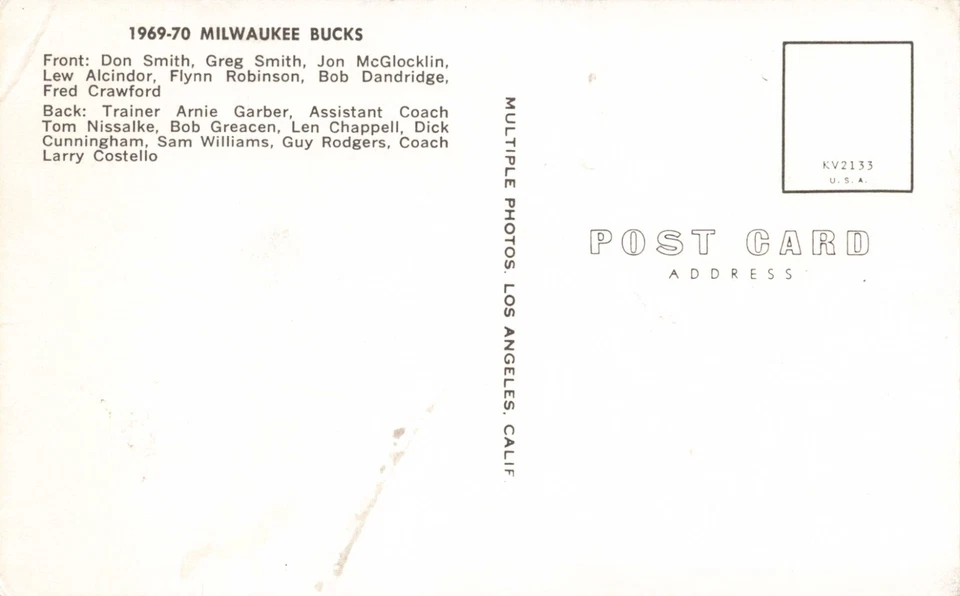 Kareem Abdul-Jabbar Rookie Year! RARE 1969 Milwaukee Bucks Colored Team Postcard - Image 3 of 3