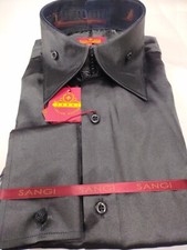 Mens Shiny Silky Jet Black Satin High Collar French Cuff Shirt SANGI SEBASTIAN