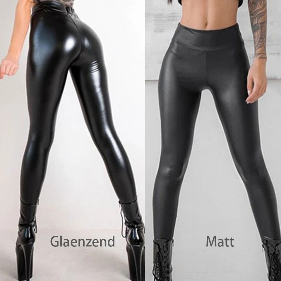 Damen Leder Optik Hosen Warm Leggings Hohe Taille Thermo Leggins Glänzend/Matt - Bild 1 von 4