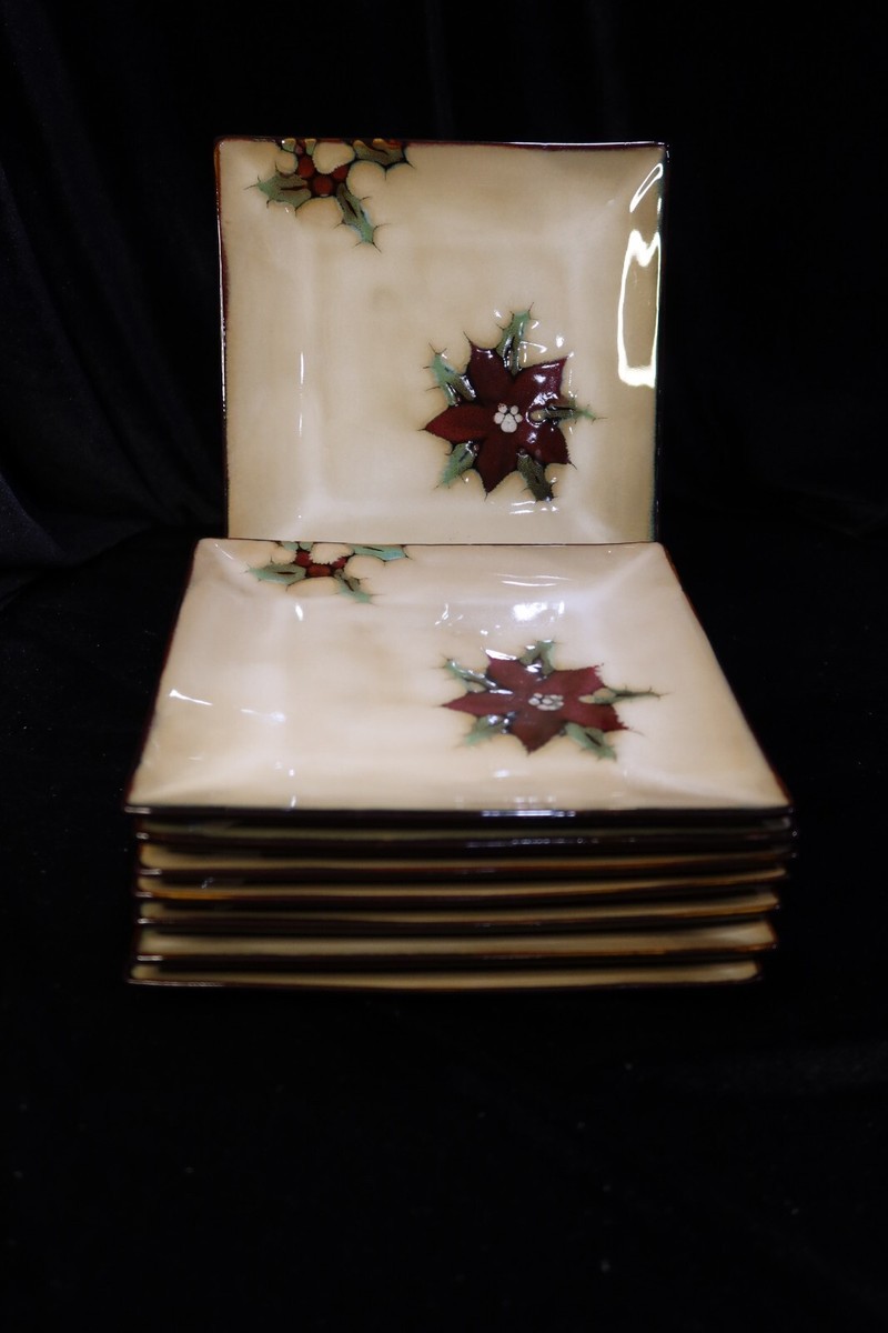 MIKASA GOURMET BASICS CHRISTMAS BLOSSOMS ON BEIGE SQUARE SALAD PLATES  3/4