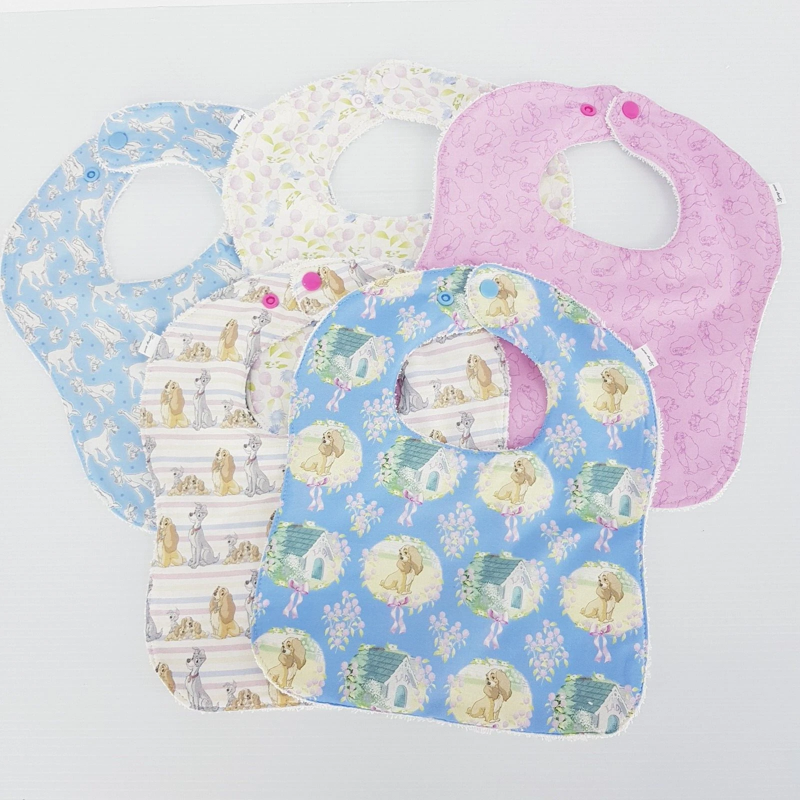 Baby Bibs Lady and the Tramp Prints 5 x Pack 100% Cotton Handmade New
