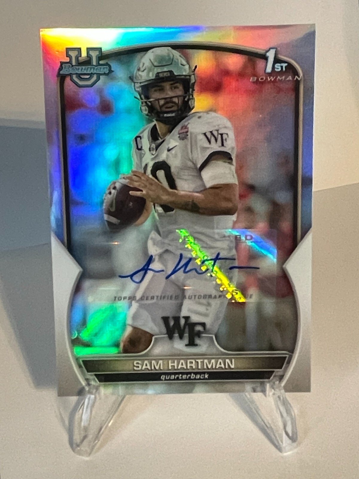 2022 Bowman Chrome University Sam Hartman 1st Refractor Auto /499 Commanders ND