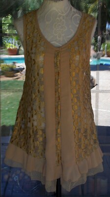 Boho Chic Lacey Pretty Angel Ruffle Trim Long Tunic Sheer Vest Top Sz.  M