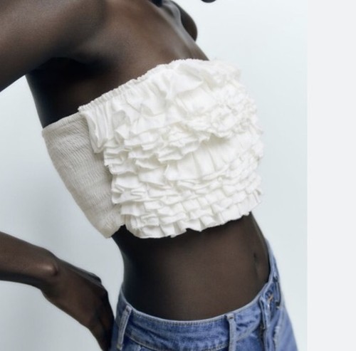Zara White Ruffle Bandeau Tube Top Small Strapless Cropped Boho Festival - Picture 1 of 7