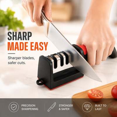 4-Stage Kitchen Knife Sharpener Manual Sharpening Tool Non-Slip Red Black Sharpe