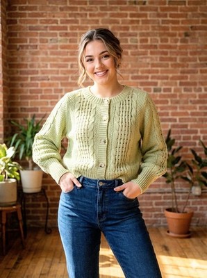 PREPPY AVOCADO COLOR CROPPED CARDIGAN BISHOP SLEEVE SWEATER WOMEN'S SIZE  XL