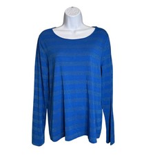 Talbots Womens Blue Metallic Striped Sweater Size L Coastal Preppy Classic