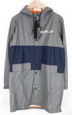 Replay Men's Jacket L Gray Hooded Mid-Length Laminated Rubber Coated Unlined