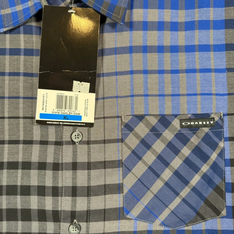 全新 Oakley Vault 独家男式 XL 蓝色格子短袖纽扣衬衫上衣 — 第 3/4 张图片