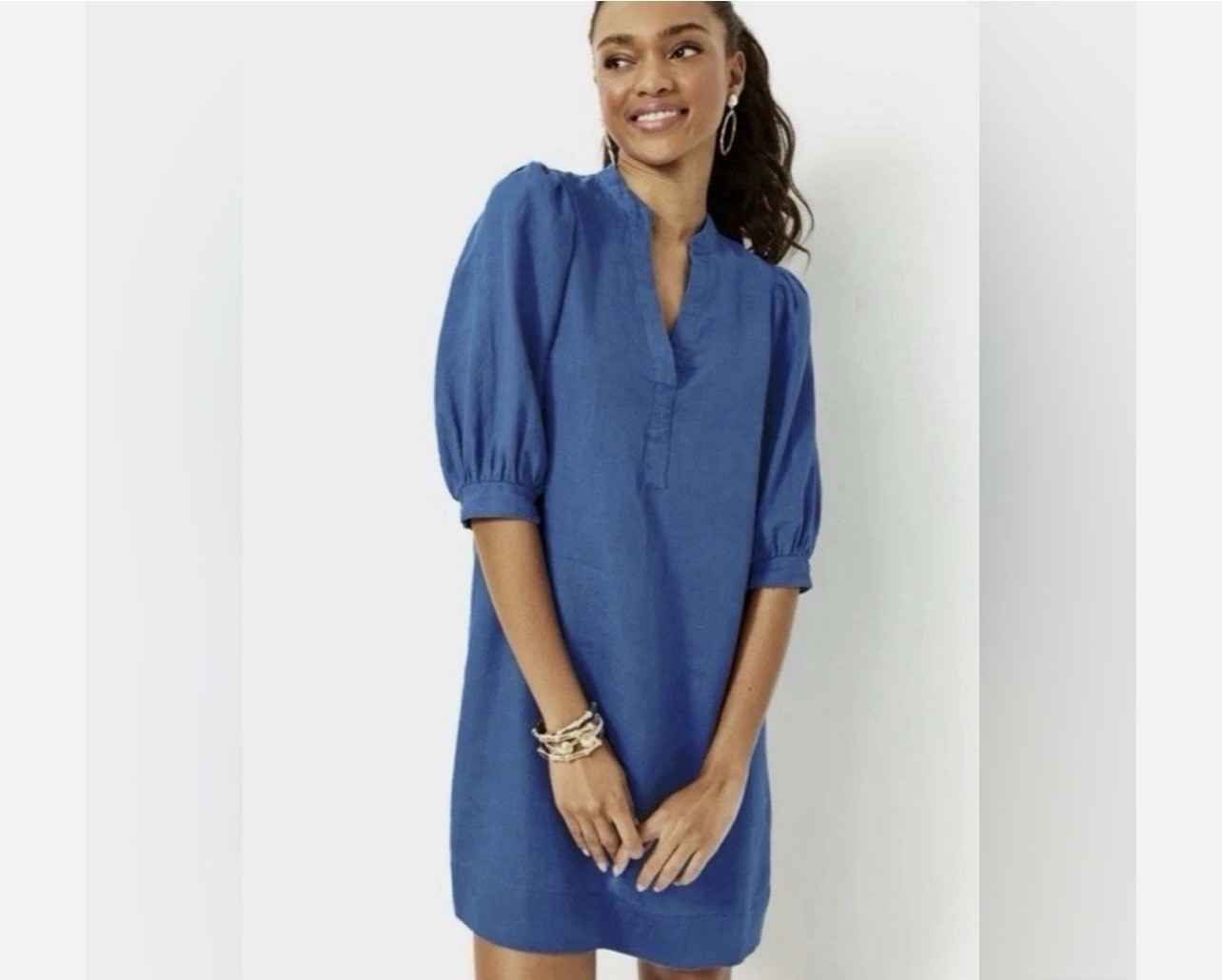 LILLY PULITZER Mialeigh Popover Puff Sleeve Linen Shift Dress Size 8 Barton Blue