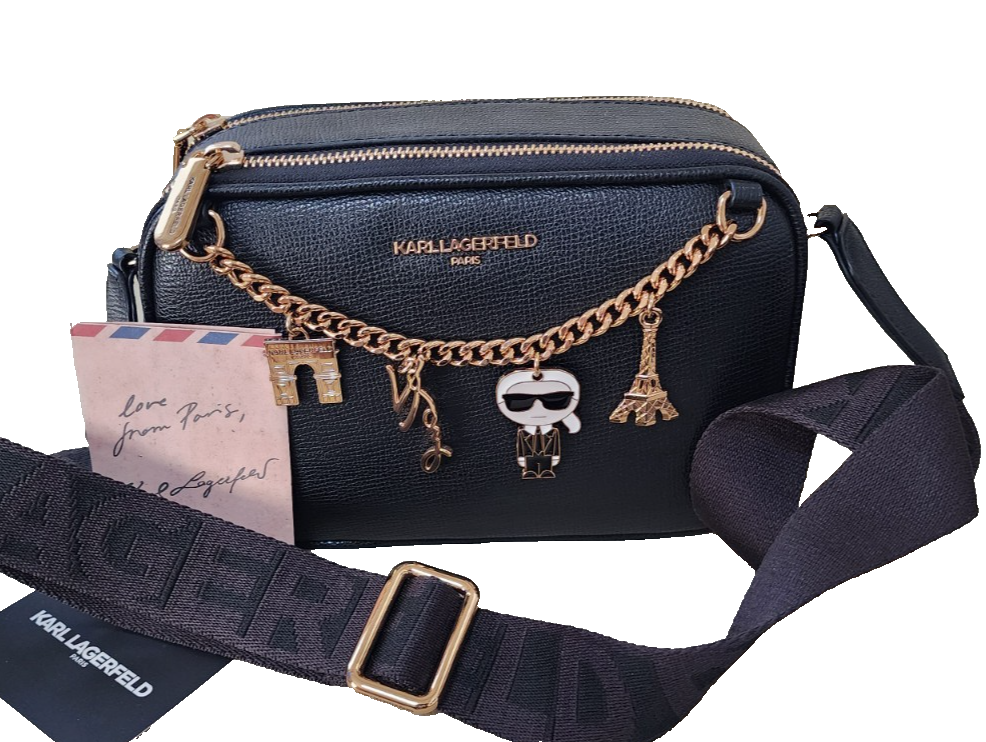 Karl Lagerfeld Paris Crossbody Purse Bag Black Chain Charms Eiffel
