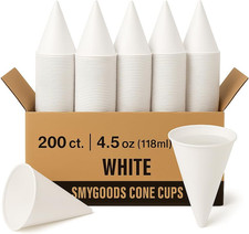 Smygoods 200-Pack 4.5oz White Paper Cone Cups, Eco-Friendly Leak-Proof