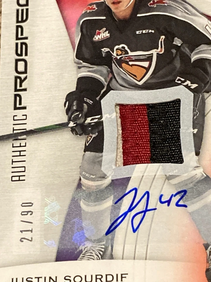 2019 Upper Deck SP Game Used CHL Edition RPA Red Justin Sourdif RC SP /90 3clr - Image 2 of 3