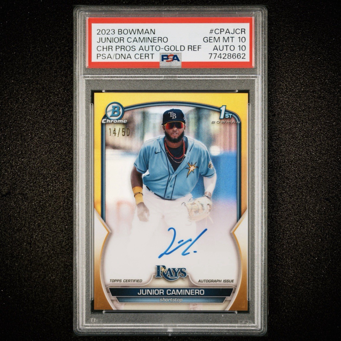JUNIOR CAMINERO 2023 1st BOWMAN CHROME AUTOGRAPH AUTO GOLD REFRACTOR /50 PSA 10