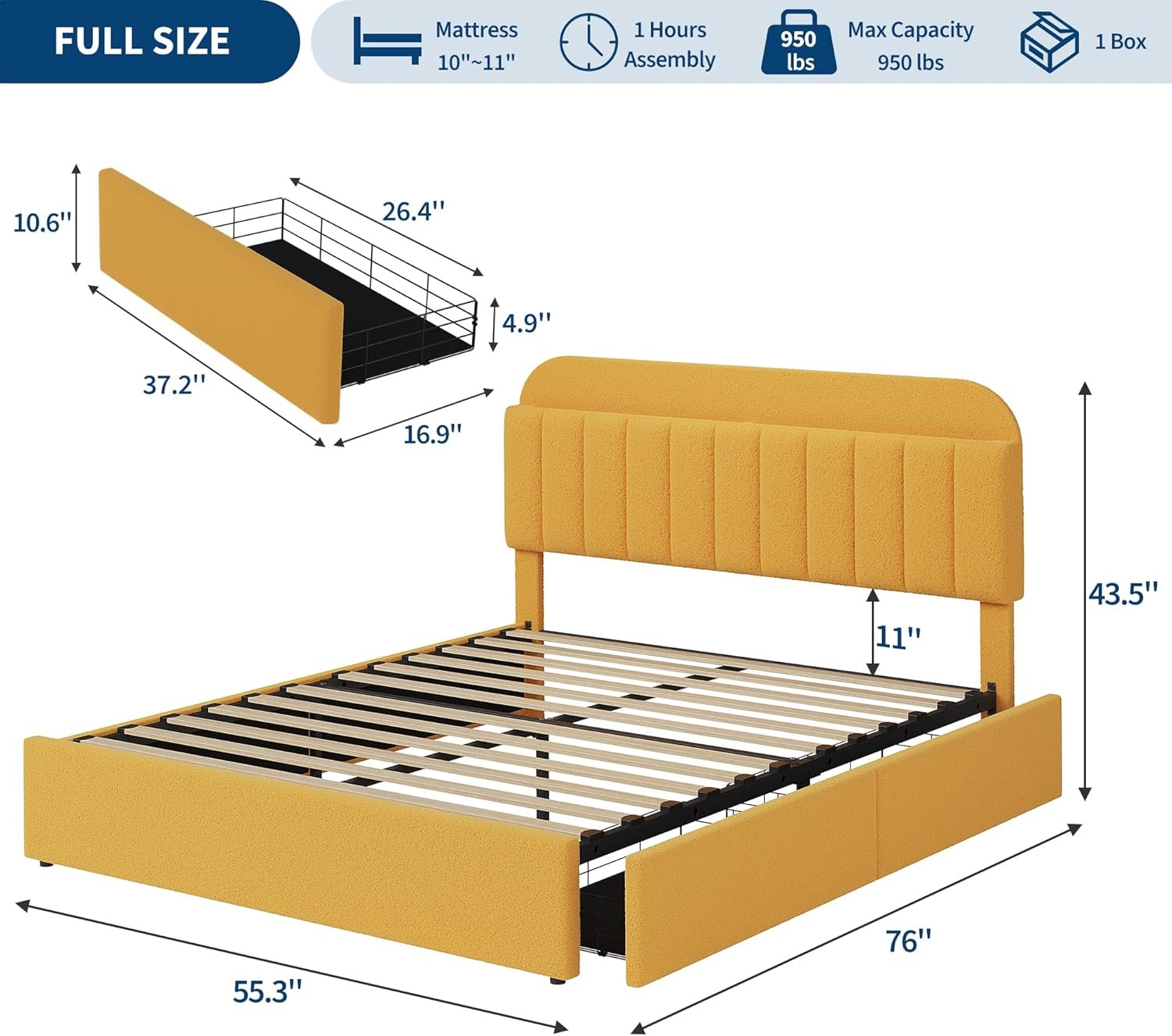 W Upholstered Headboard 2 Drawer Bookcase