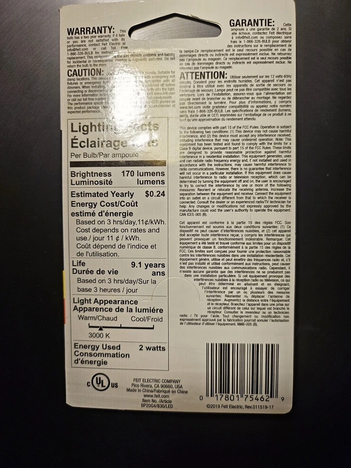 FEIT Electric 2 watts G4 LED Light Bulb 170 lumens Warm White 3000K, 12V - Image 2 of 2