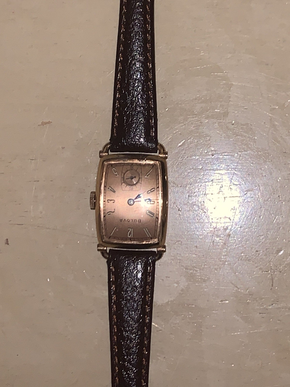 Bulova Vintage Mechanical Men's Cushion Gold Wristwatch Brown Leather Strap