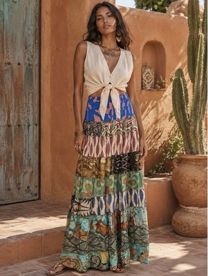 Multi-Color Silk Blend Floral Patchwork Tiered Ruffle Skirt Free Size Gypsy Boho