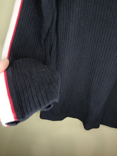 T By Talbots Large Black High Neck Ribbed Sweater Pocket Logo Striped Sleeve - Picture 9 of 10