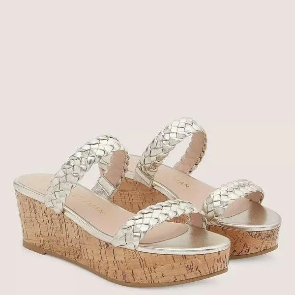 Stuart Weitzman Aleena Woven Slide Wedge Womens Size 12 Cork Metallic Braided - Image 3 of 4