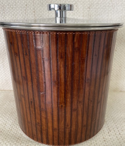 Vintage Italian Ice Bucket Large Brown Leather & Stainless Steel Barware -