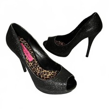 Betsey Johnson Black Glitter Peep Toe High Heels Size 8