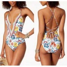 New Lucky Brand Las Dalias Plunging Pom Pom One Piece White Floral Swimsuit Tie