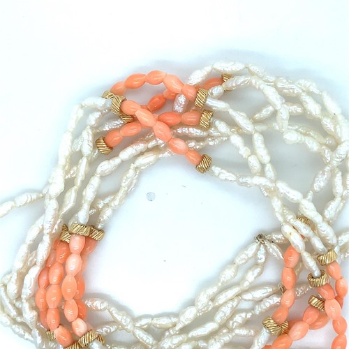 Vintage Rice Bead Pearl &Orange Coral W/Gold Accent Station Multistrand Necklace - Picture 12 of 15