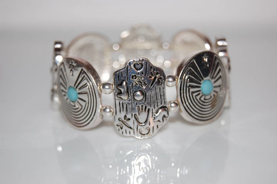 BRAZALETE BRAZALETE ELÁSTICO ESTILO SUROESTE METAL PLATEADO E IMITACIÓN TURQUESA Foto 4 de 4