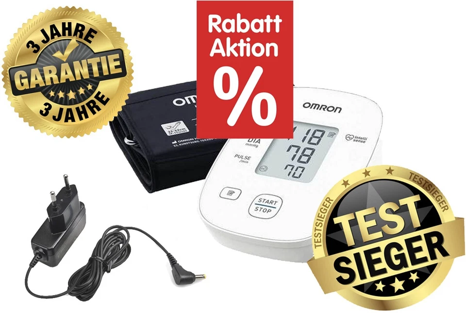 Blutdruckmessgerät Oberarm Omron TEST-SIEGER mit Netzteil dazu drei Geschenke