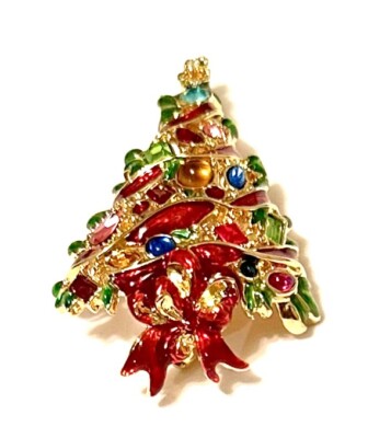 VINTAGE Holiday Brooch Signed Christopher Radko Christmas Tree Crystals Quality