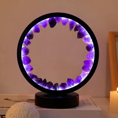 RUNYANGSHI Amethyst Crystal Night Lamp 8.6in USB 3 Color Dimmable Bedside Healing Light
