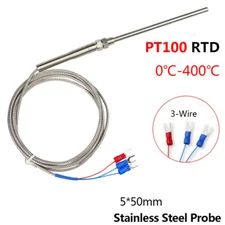 PT100 RTD Temperature Sensor Resistance Thermometer 3-Wire 400℃ Probe 5x50mm 1M