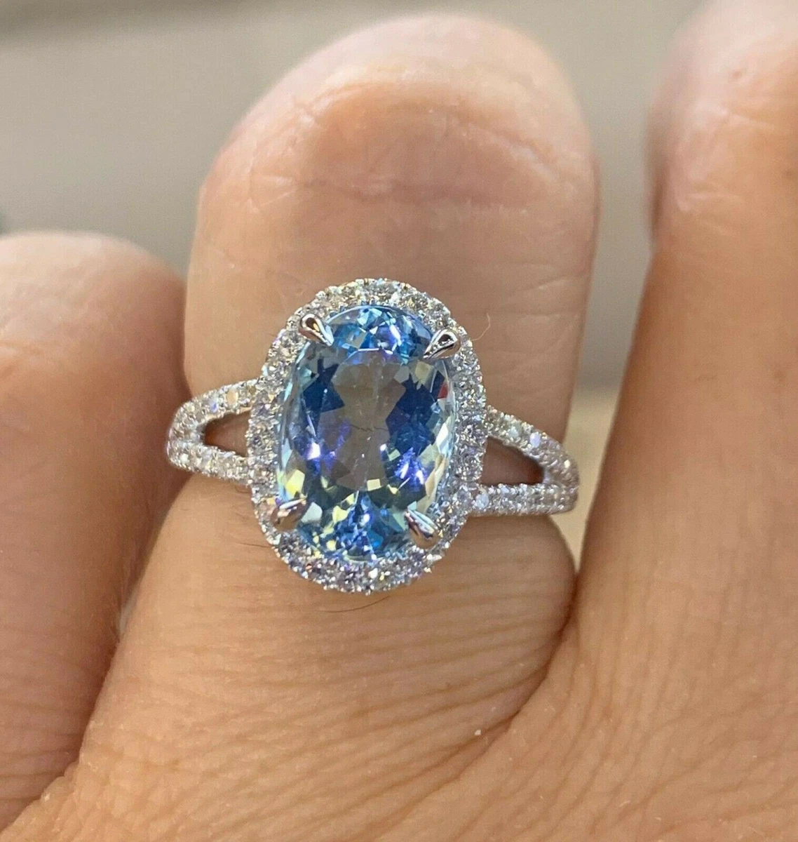 2.40Ct Oval Cut Aquamarine Diamond Halo Engagement Ring 14K White