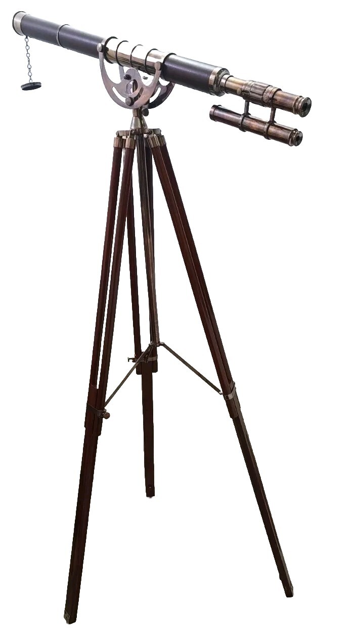 Double BarrelTelescope With Wooden Stand Nautical Floor Standing Brass Telescope