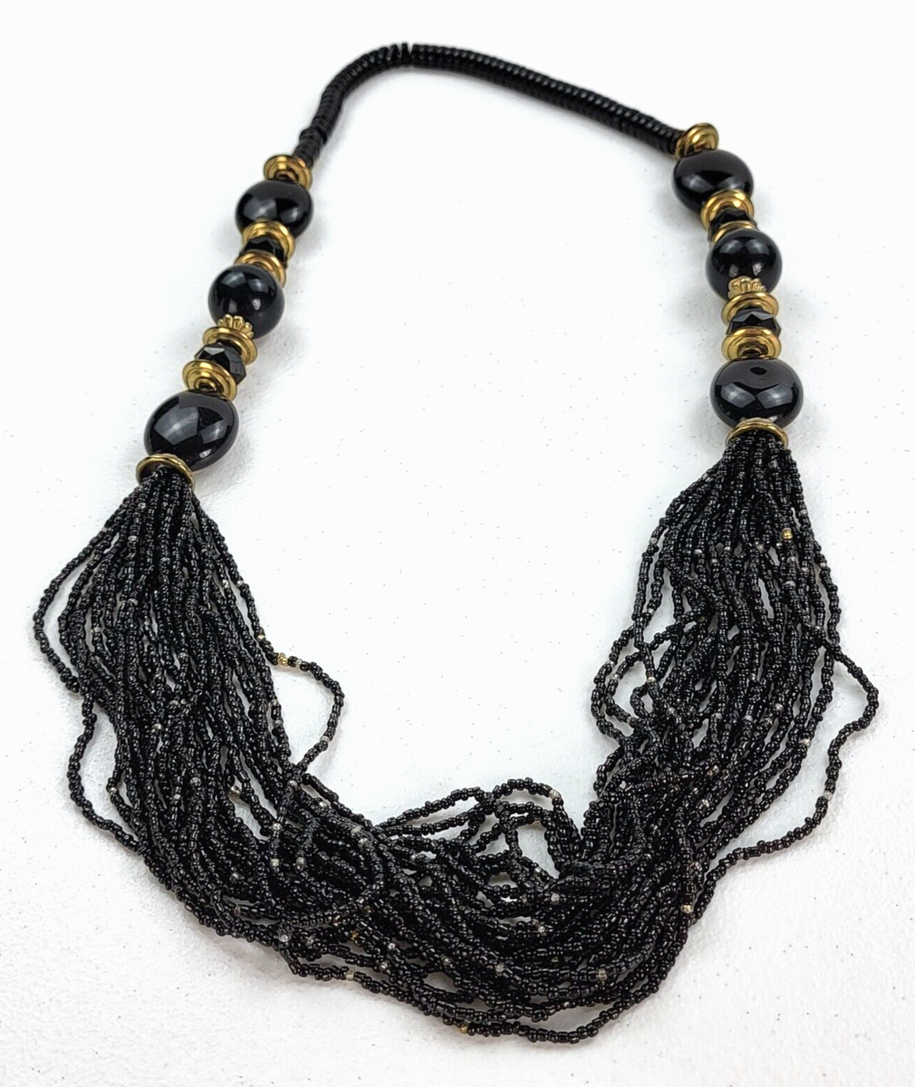 Black And Gold Beaded Statement Necklace 31 in Endless No Clasp
