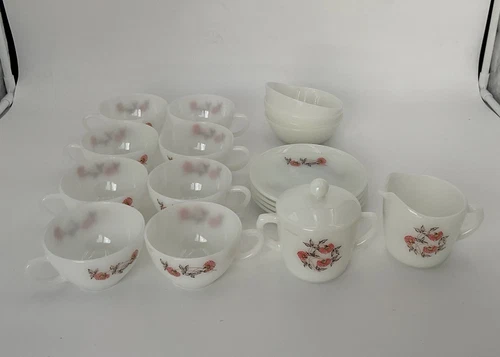 Vintage Fire-King Fleuette Set Cups, Saucers, Bowls, Sugar Bowl W/Lid & Creamer