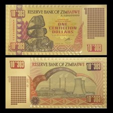 Banconota Zimbabwe da 1 centesimo di dollari in lamina d'oro 24 carati serie ...
