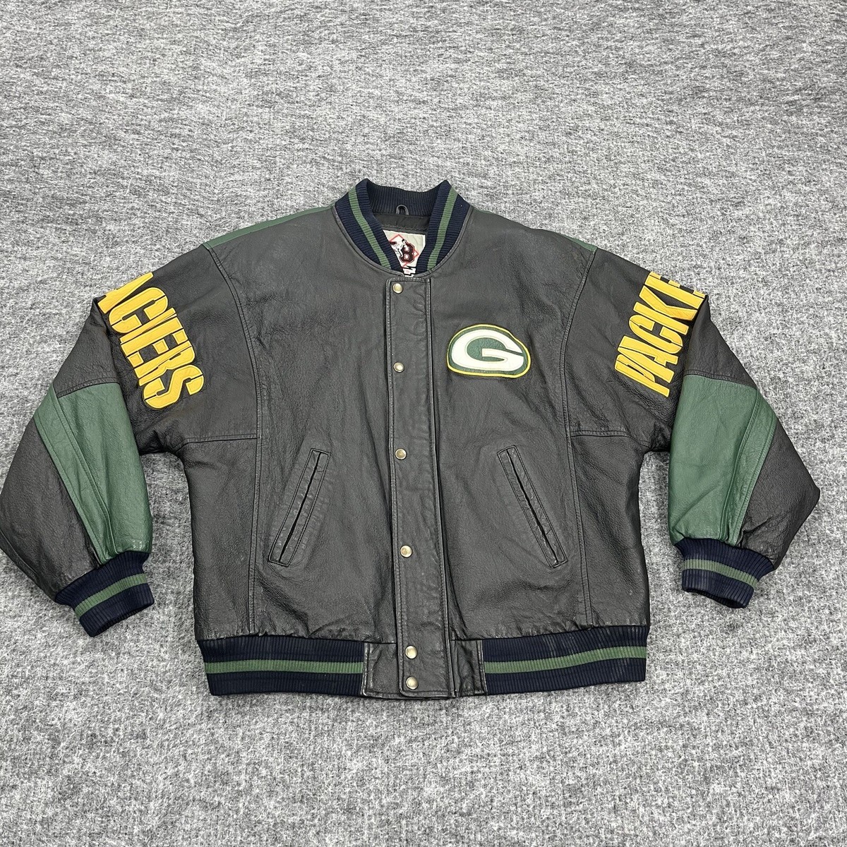 Green Bay Packers Jacket Mens Large Black Leather Bomber NFL
