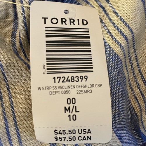 Torrid sz 00 M/L Blue Striped Off Shoulder Crop Top Linen Blend Short Sleeve NEW - Picture 10 of 11