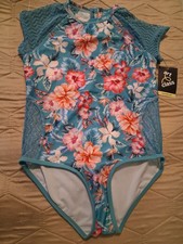 Art Class Girls Tropical Teal Pink one piece swimsuit size Large 10/12 plus