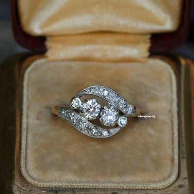 Two Stone Vintage Engagement Ring 1Ct Round Diamond 14k Yellow Gold Over Size 7