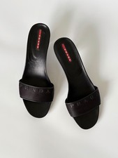 DDP Vintage Prada Sport Kitten Heels Mules Black Logo Slide Sandals 38 US 8