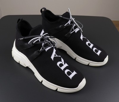 PRADA Big Logo Knit Sock Fabric Black White Sneakers Size UK6 US7 EU41 
