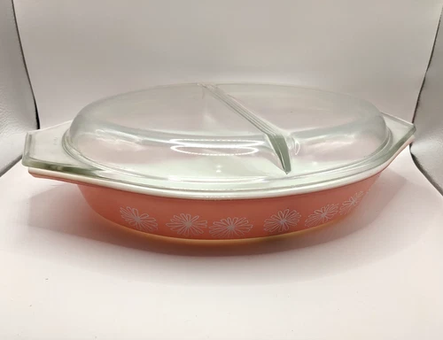 Vintage Pyrex Pink Daisy Oval Divided Dish Original Clear Glass Lid 1-1/2 qt