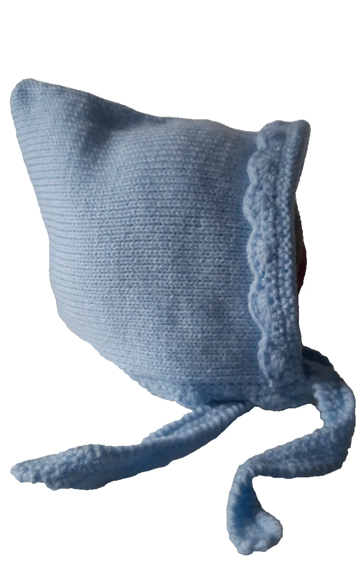 Knitted Baby Hat Size 0-3 to 36months Light Blue Tie-Up Handmade Bonnet Pixie