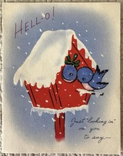 Vintage Christmas Blue Bird Pair Red Birdhouse Snow Greeting Card 1940s 1950s