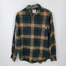 Woolrich Shirt Mens Medium Flannel Plaid Green Blue Tan Button Up Long Sleeve 